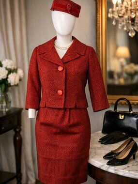 Vintage 1960s Red Tweed Skirt Suit Set w/ Pillbox Hat Jackie O Mod XS